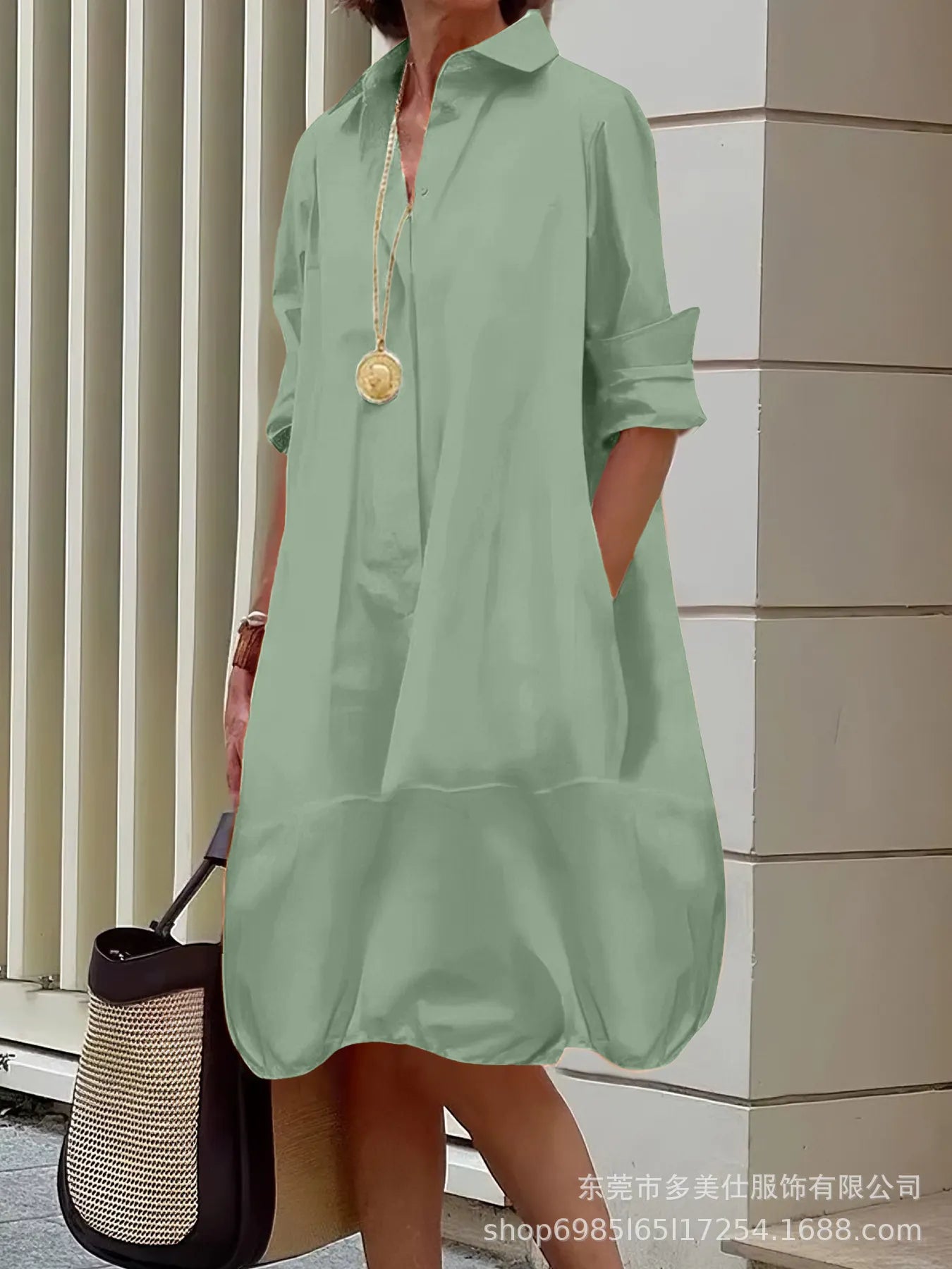 Solid Color Button Front Pocket Shirt Midi Dress