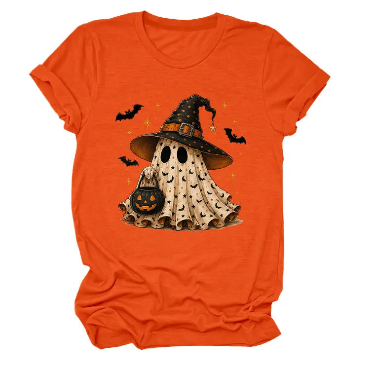 Halloween Ghost Witch Bat Print Crew Neck Short Sleeve T‑Shirt