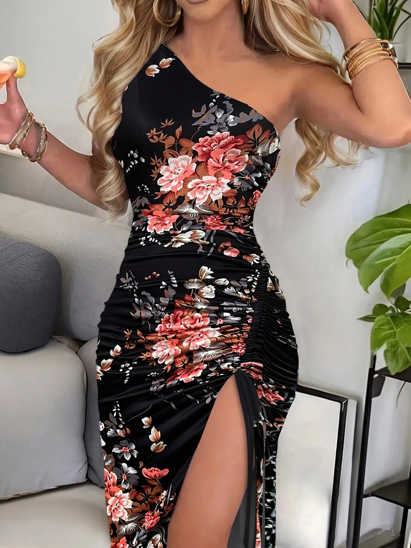 Blue Floral One-Shoulder Ruched Slit Maxi Dress
