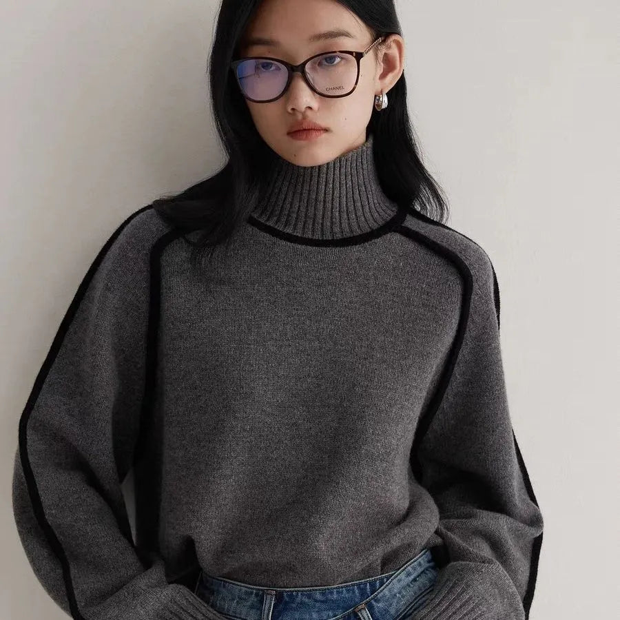 Contrast Trim High Neck Loose Pullover Sweater