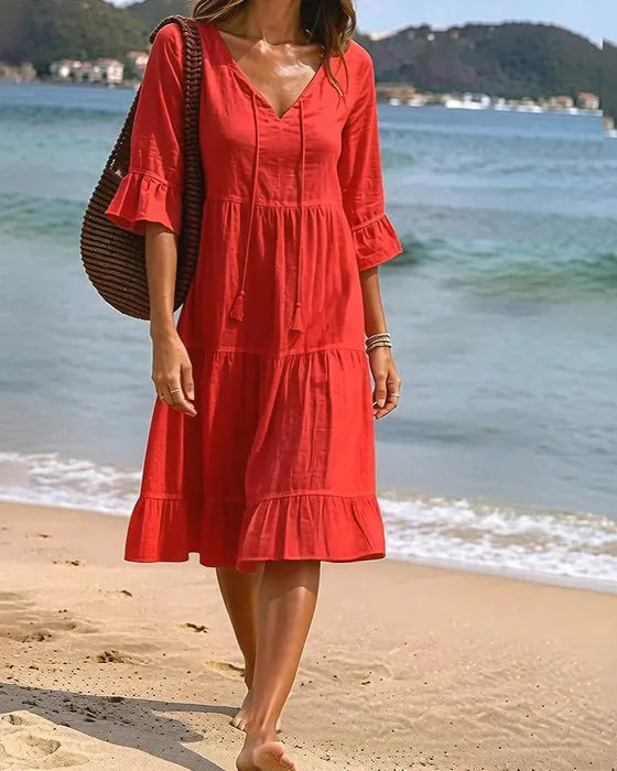White V-Neck Tiered Ruffle Midi Dress