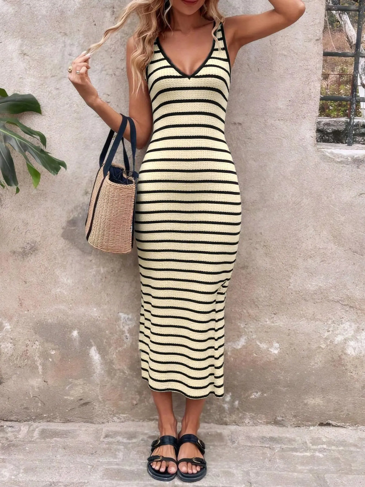 Striped V-Neck Sleeveless Bodycon Maxi Dress