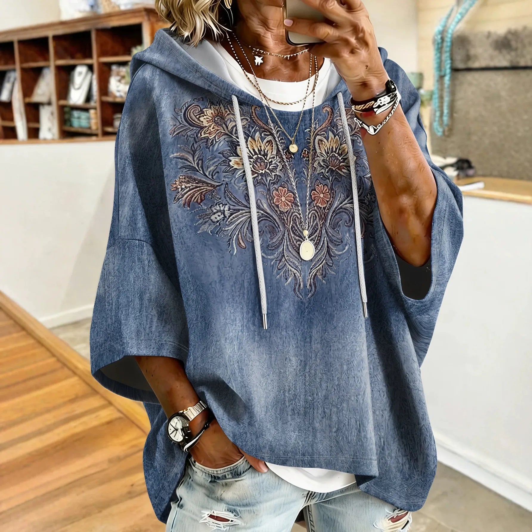 Vintage Floral 3D Print Hooded Seven‑Quarter Sleeve Sweatshirt