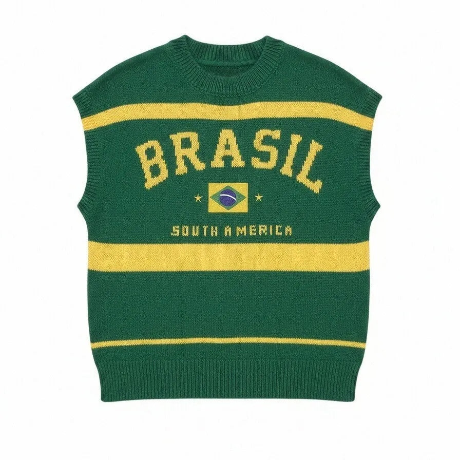 Brazil Flag Embroidered Round Neck Sleeveless Knit Sweater Vest