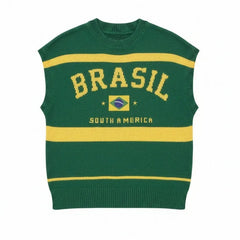Brazil Flag Embroidered Round Neck Sleeveless Knit Sweater Vest