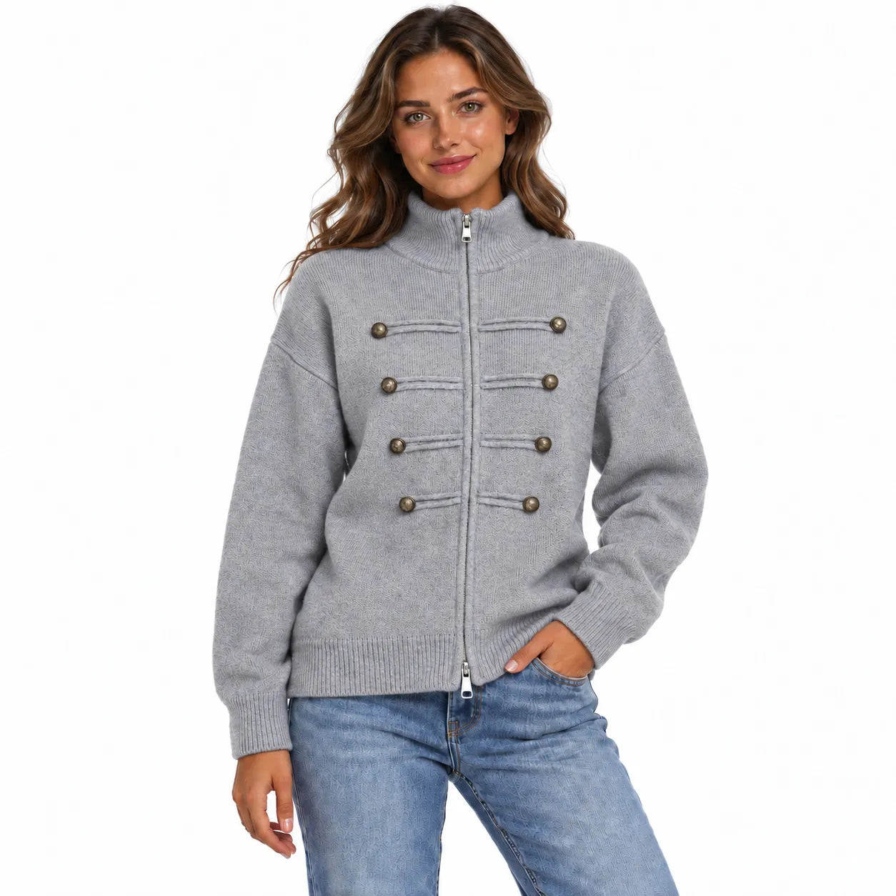 Stand Collar Zip Up Knit Cardigan, Double Breasted Decorative Button Sweater Jacket