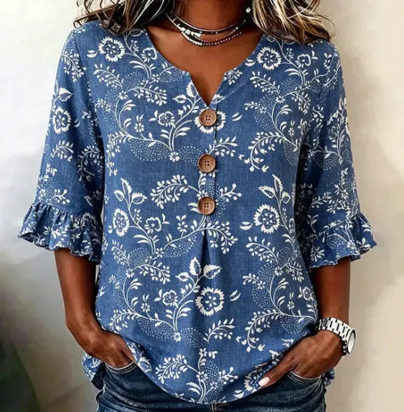 Round Neck Floral Printed Single Breasted 3/4 Ruffle Sleeve Loose Blouse