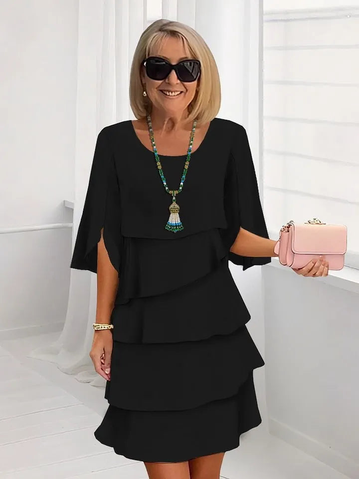 Solid Color Layered Ruffle Hem Split Sleeve Midi Dress