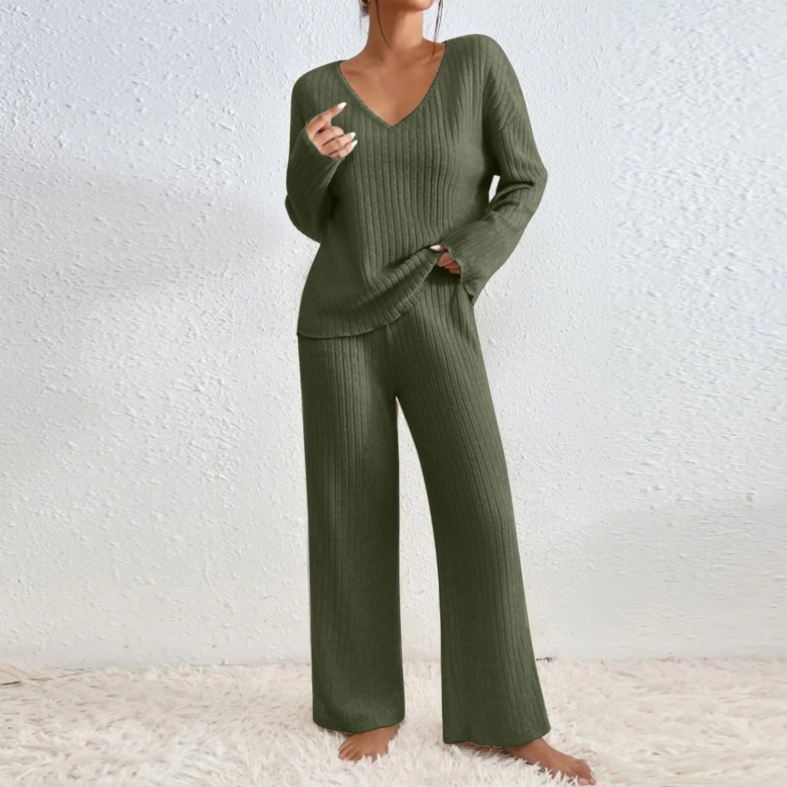 Ribbed Knit V Neck Long Sleeve Top and Wide Leg Pants 2 Piece Loungewear Set