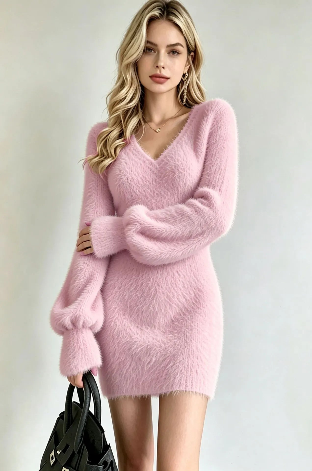 V Neck Bubble Sleeve Fuzzy Knit Mini Dress
