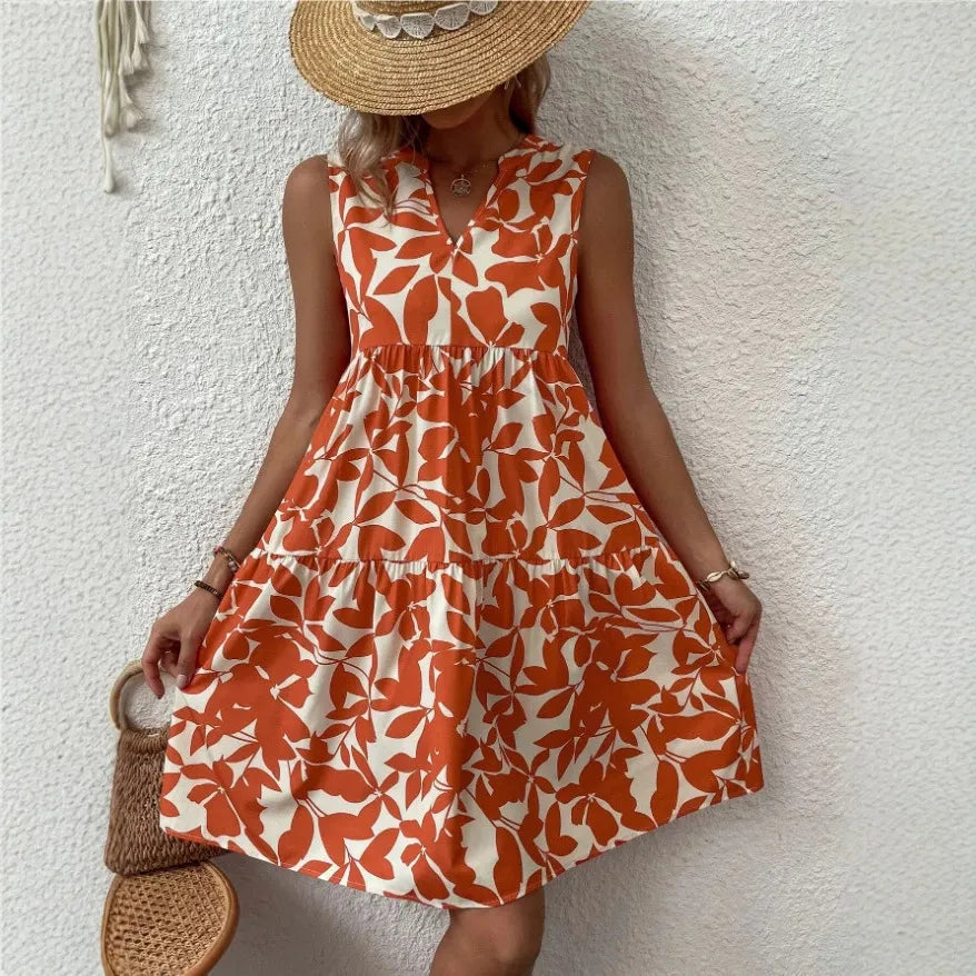 Floral Print V-Neck Sleeveless A-Line Casual Dress