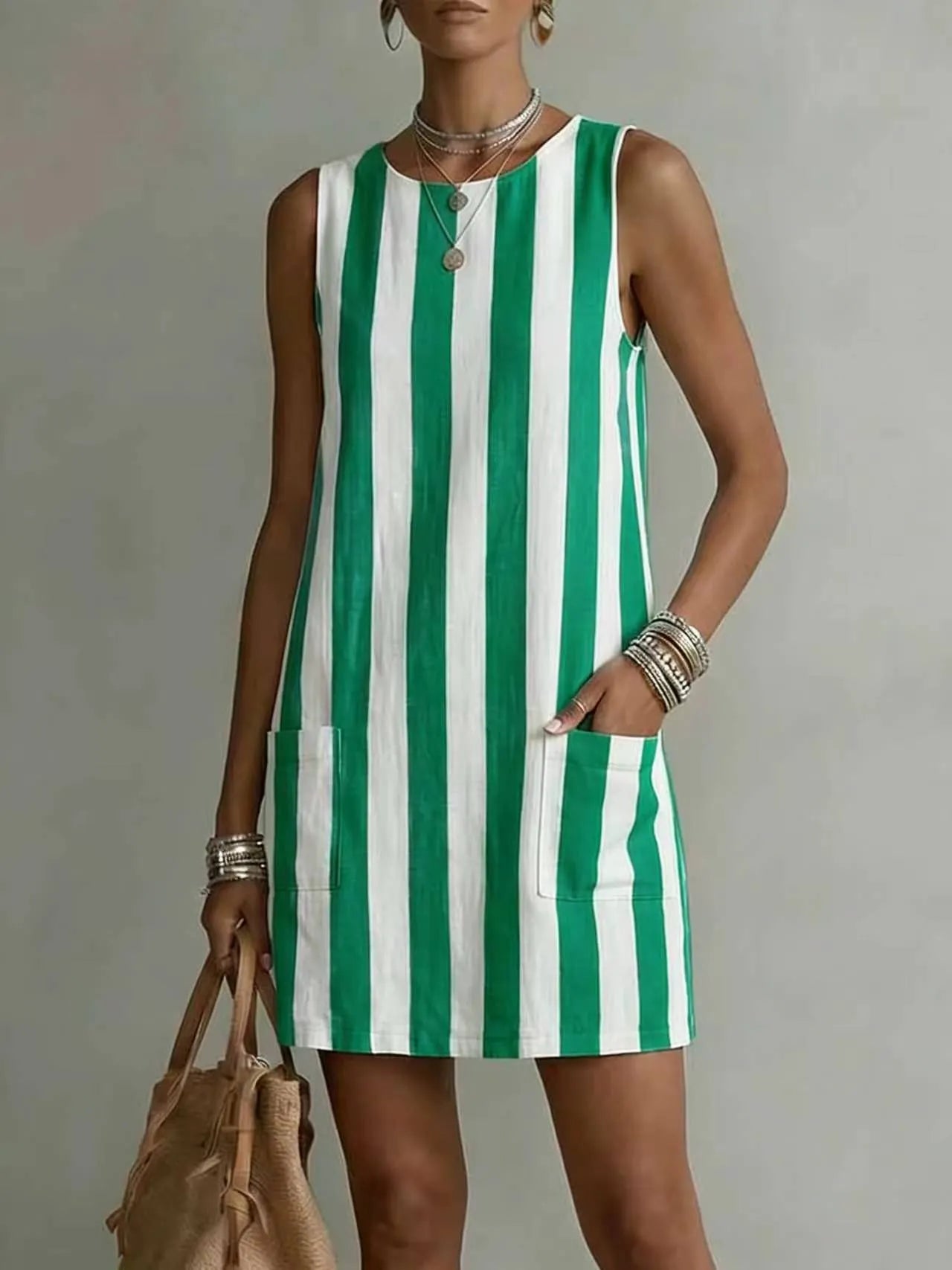 Round Neck Sleeveless Vertical Stripe Linen Mini Dress