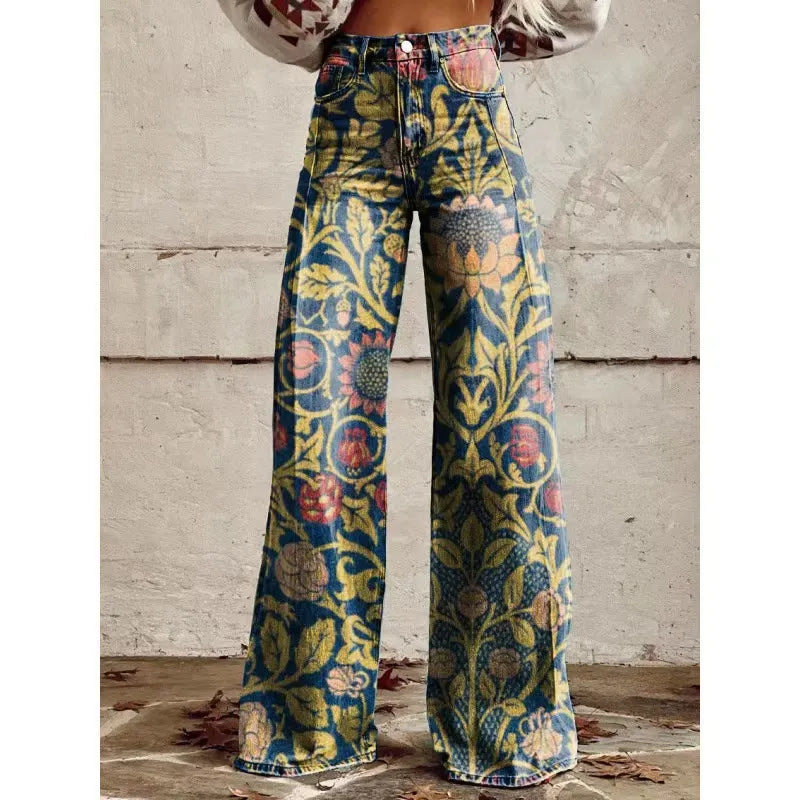 High Waist Western Cowboy Horse Print Wide Leg Pants