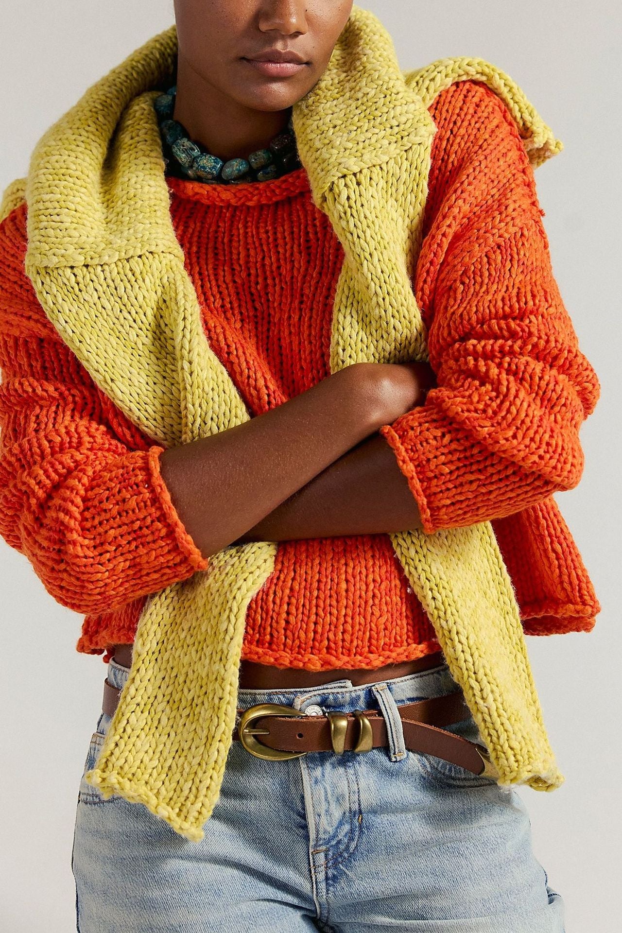 Thick Hand Knit Textured Sweater Crew Neck Long Sleeve Cropped Oversized Top