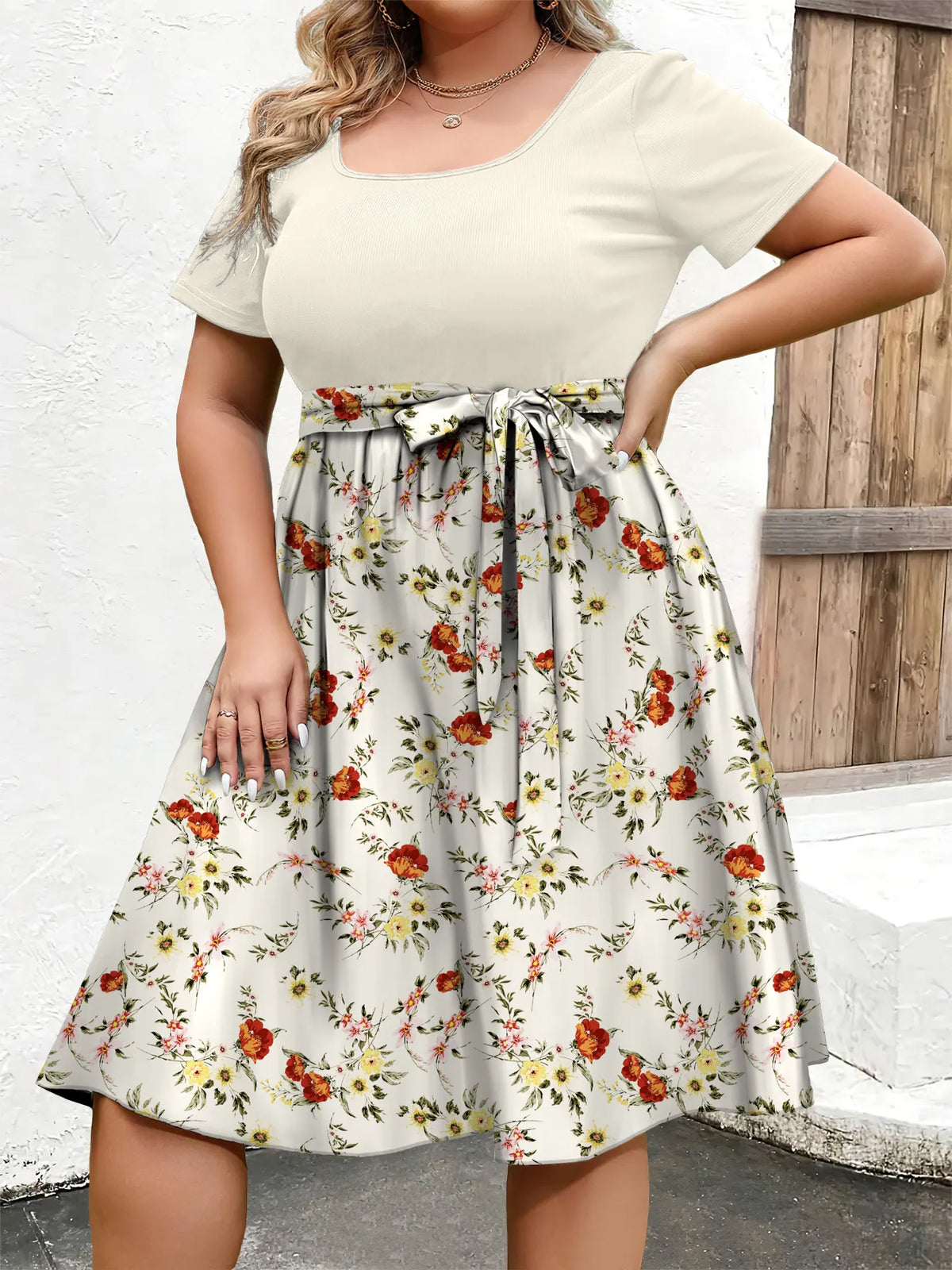 Plus Size Floral Belted A-Line Midi Dress Round Neck Short Sleeve Elegant Casual Daily Dress