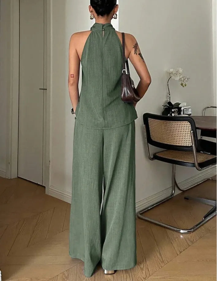 Linen Halter Top Wide Leg Pants Matching Two Piece Set