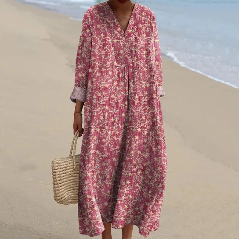 V‑Neck Floral Bird Print Mori Style Long Dress