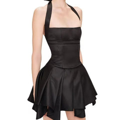 Halter Neck Ruched Slim A-Line Mini Dress