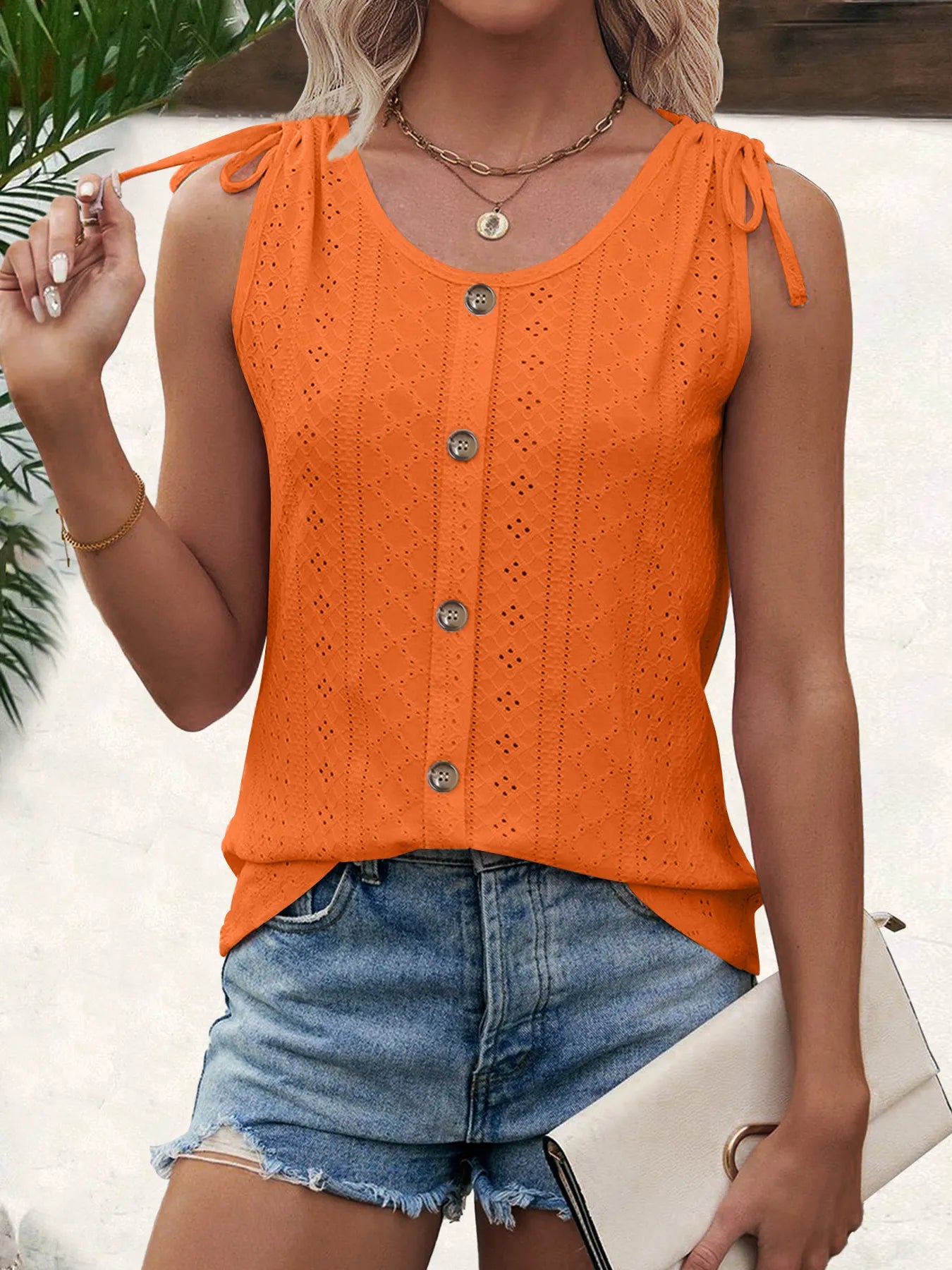 Solid Color Eyelet Embroidered Tie Shoulder Button Down Sleeveless Tank Top