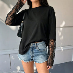 Black Long Sleeve Top With Floral Lace Sleeves & Open Lace Back | Split Back Contrast Lace Blouse