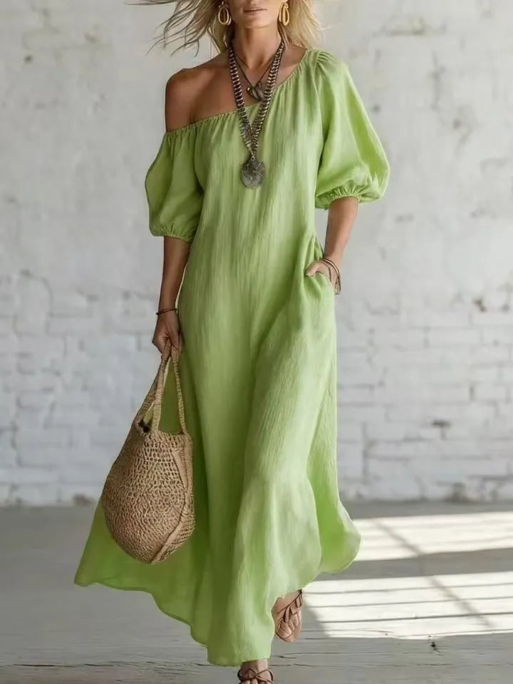 Solid Color Off Shoulder Puff Sleeve Pleated Midi Puffy Shirt Dress