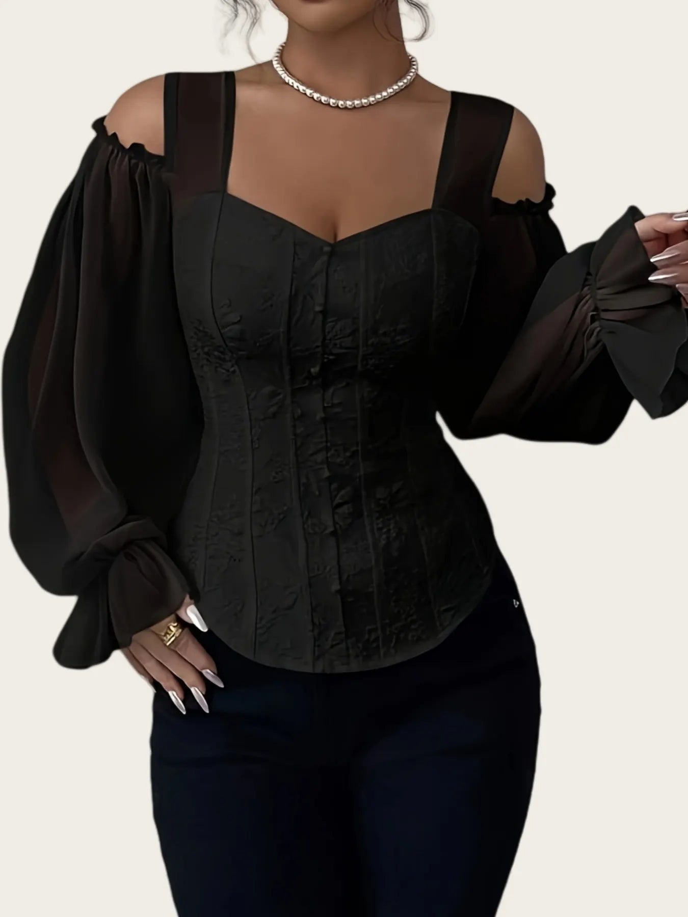 Floral Embroidery Cold Shoulder Puff Sleeve Blouse