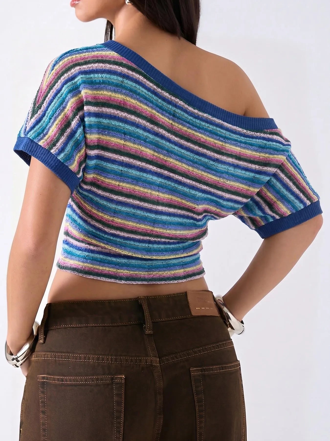 Retro Stripe Off‑Shoulder Cropped Knit Top