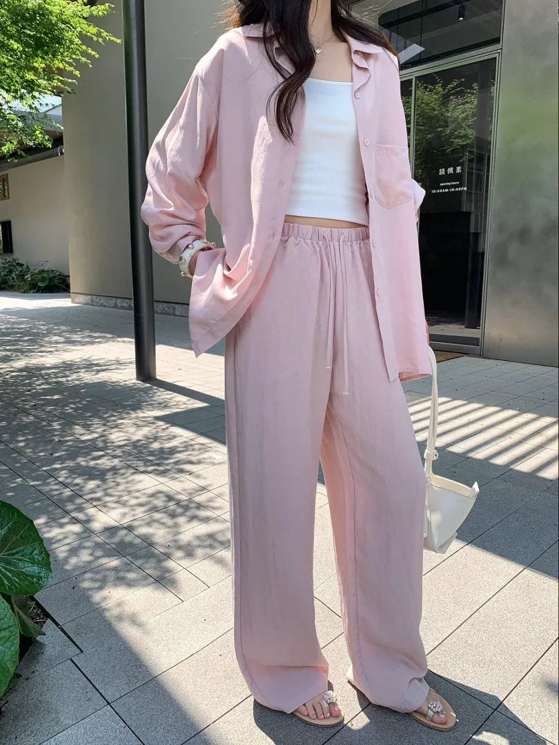 Oversized Long Sleeve Shirt Drawstring Shorts / Pants 2 Piece Casual Suit