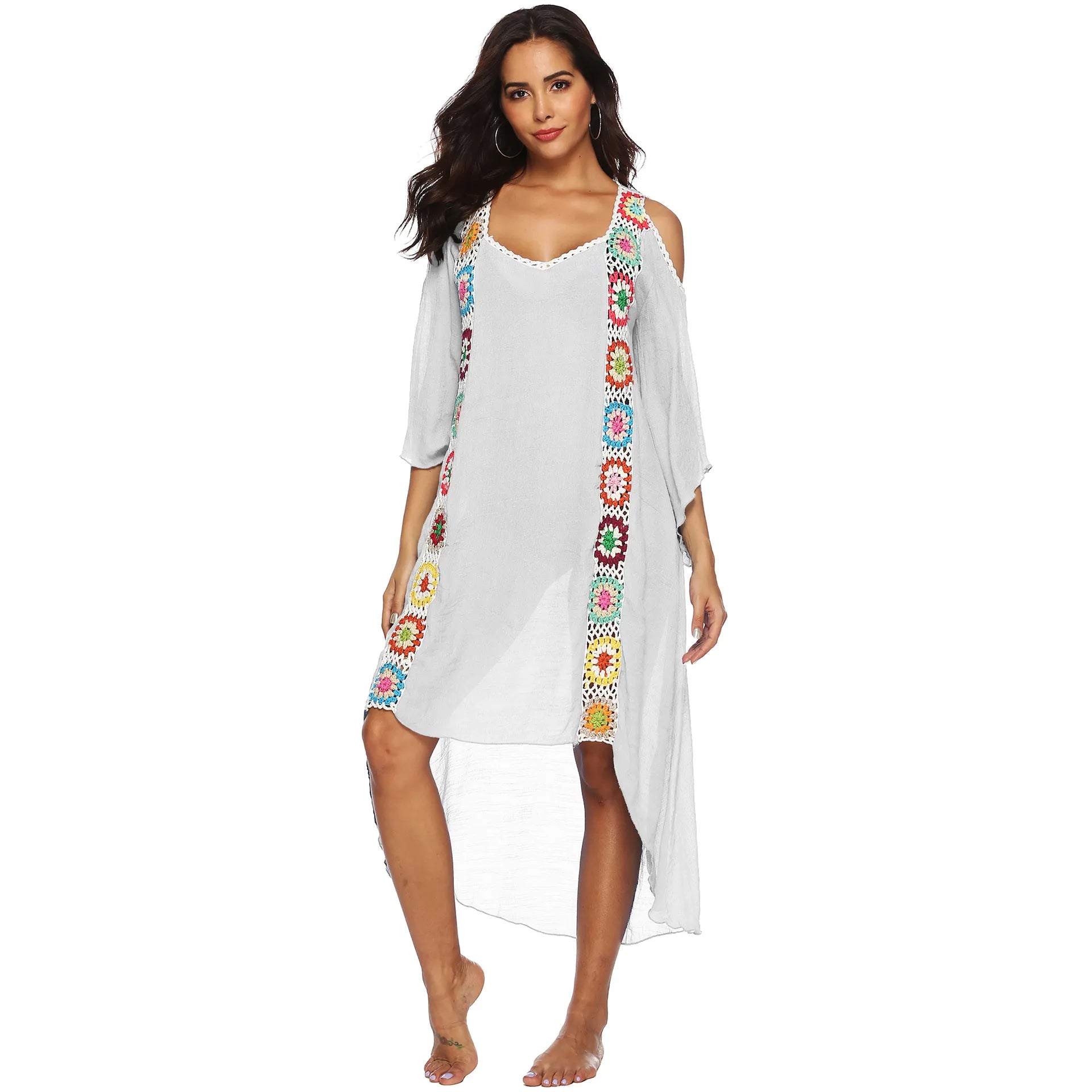 Colorful Crochet Irregular Cold Shoulder Cover-Up Dress