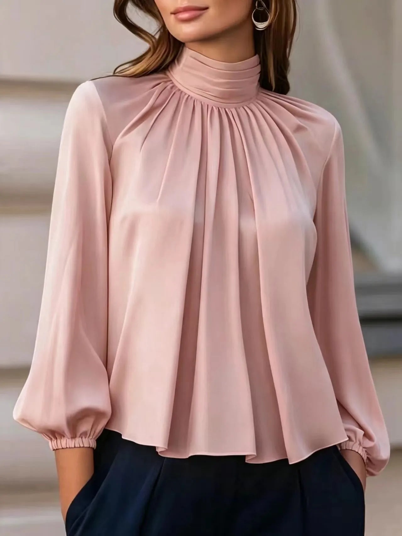Mock Neck Pleated Chiffon Blouse Long Puff Sleeve Elegant Loose Work Shirt