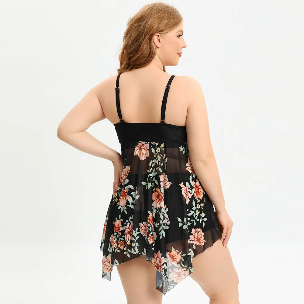 Plus Size Floral Print Swim Dress V-Neck Mesh Skirt Swimsuit