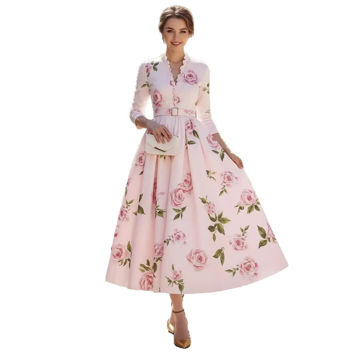 Ruffle Neck 3/4 Sleeve Belted Swing Dress