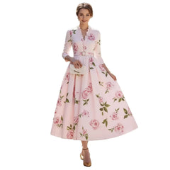 Ruffle Neck 3/4 Sleeve Belted Swing Dress