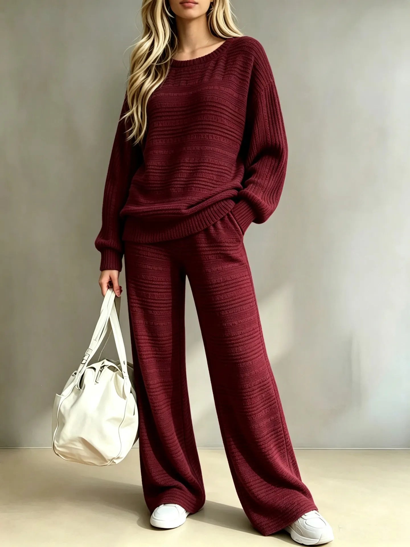 Cozy Striped Knit Matching Set, Long Sleeve Top + Wide Leg Trousers Casual Outfit