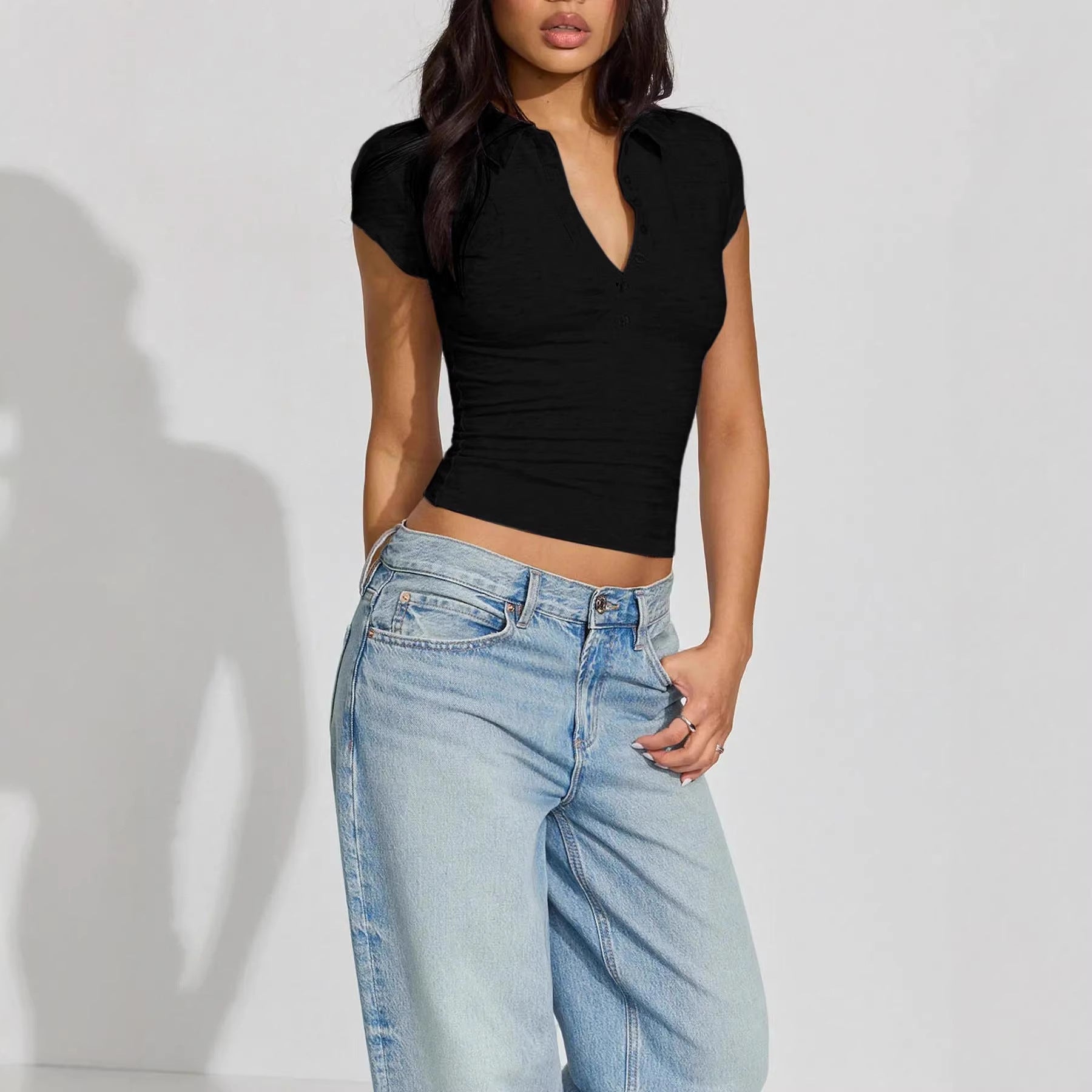 Henley Neck Ribbed Crop Top, Short Sleeve Form-Fitting Casual Polo Shirt