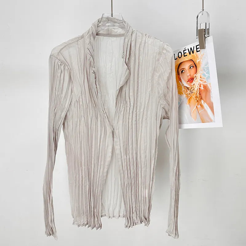 Semi Open Collar One Button Crinkled Pleated Loose Long Sleeve Shirt