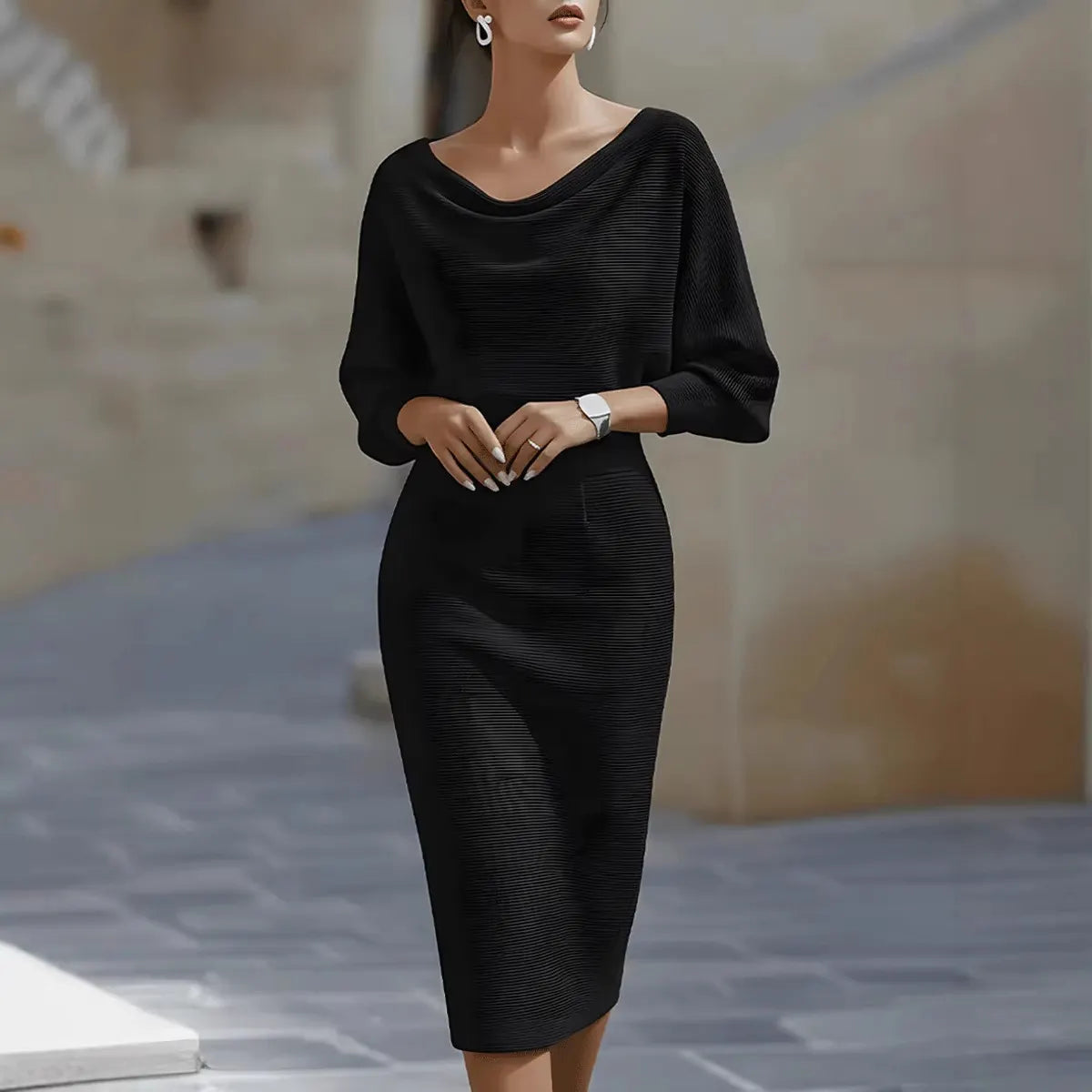White Boat Neck Batwing Sleeve High-Waisted Knitted Midi Dress