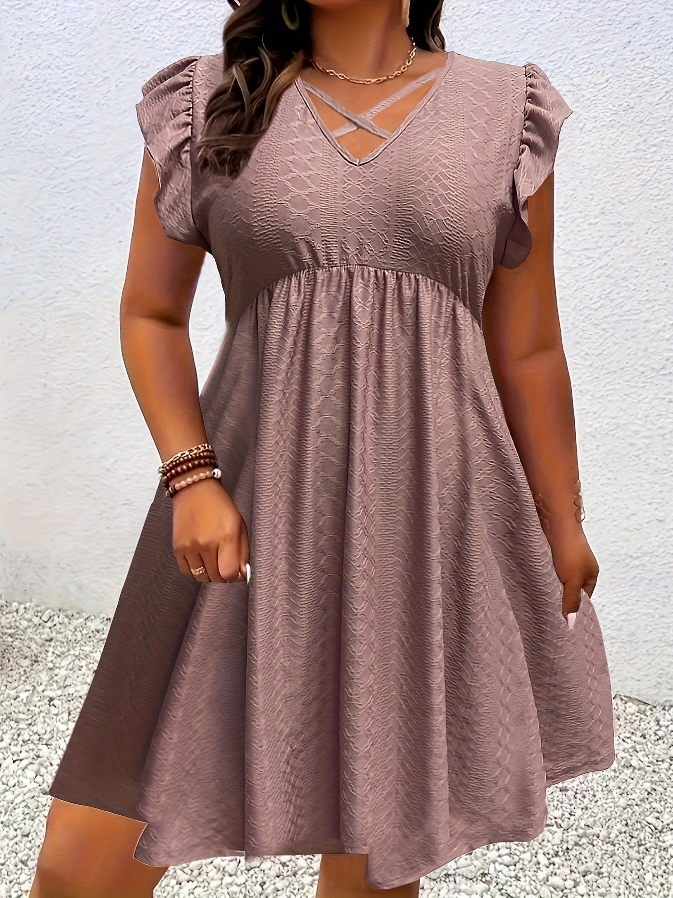 Burgundy V-Neck Ruffle-Sleeve A-Line Midi Dress