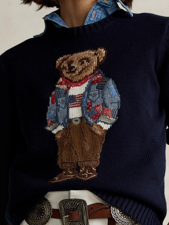 Cartoon Bear Applique Crew Neck Pullover Sweater