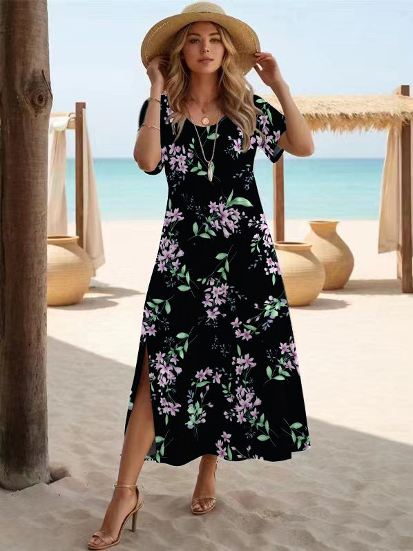 Floral Print Crew Neck Loose Split Maxi Dress