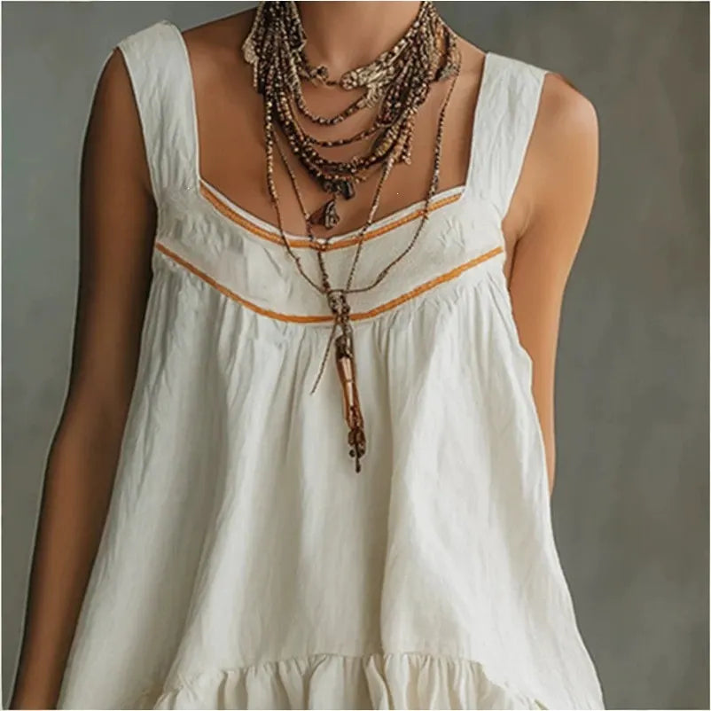 Color Stripe U-Neck Sleeveless Loose Tiered Ruffle Mini Sundress