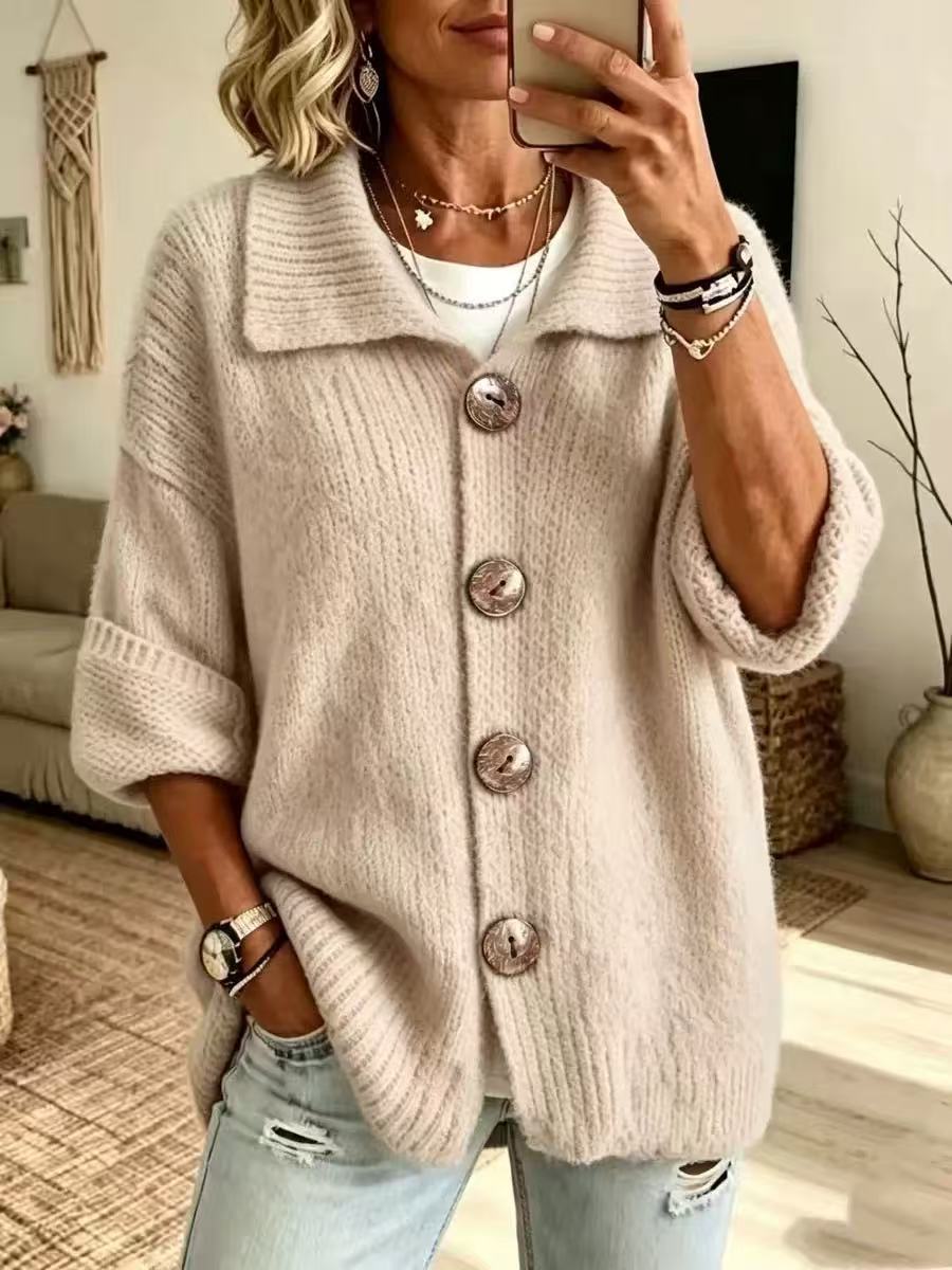Lapel Collar Button Down Knit Cardigan, 3/4 Sleeve Loose Ribbed Knit Sweater Coat