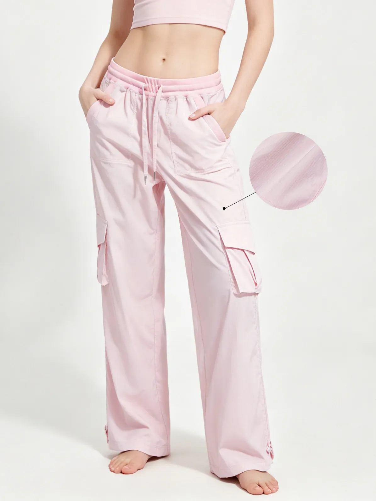 Matching Flowy Linen Look Drawstring Waist Multi Pocket Straight Cargo Street Casual Long Pants