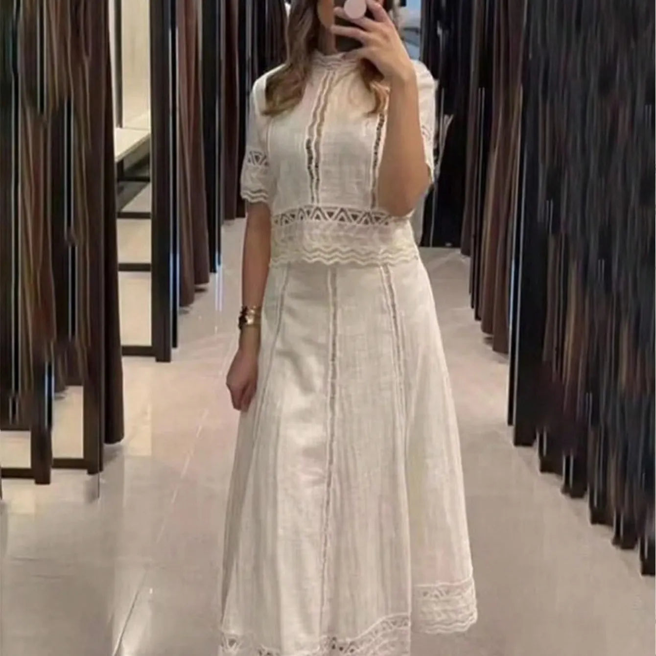 Lace Cutout Half Sleeve Crop Blouse & Midi Skirt Two Piece Set