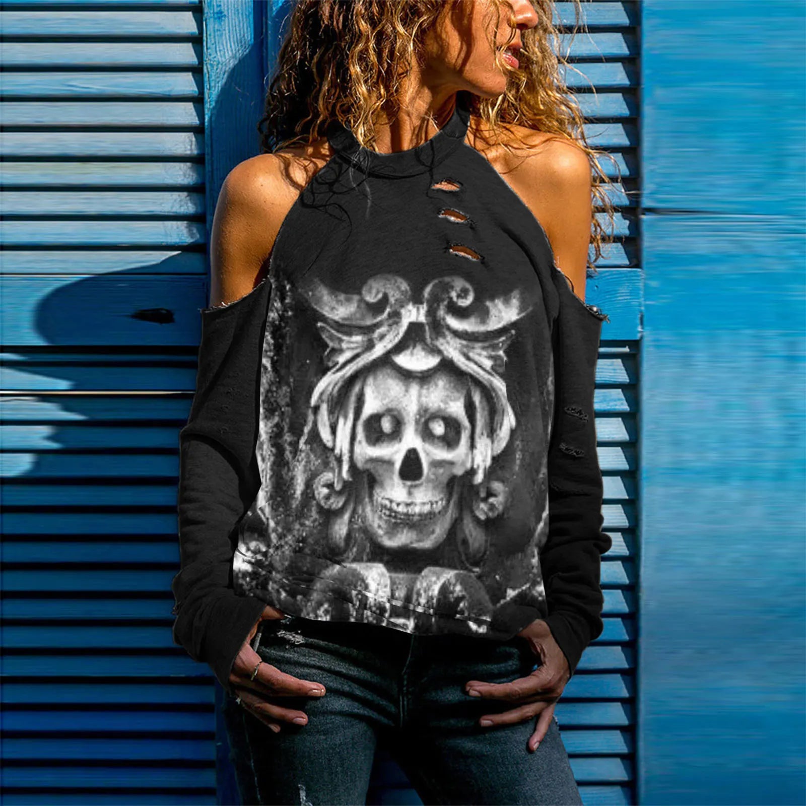 Halloween Skull Print Cold Shoulder Distressed Sweatshirt