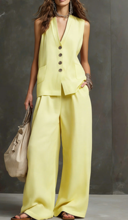 Linen-Blend Waistcoat & Wide-Leg Pants Set