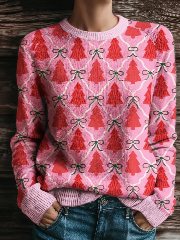 Pink Christmas Tree Bow Print Pullover Sweater