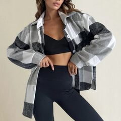 Grey Black Check Shacket, Loose Long Sleeve Plaid Shirt Jacket for Autumn