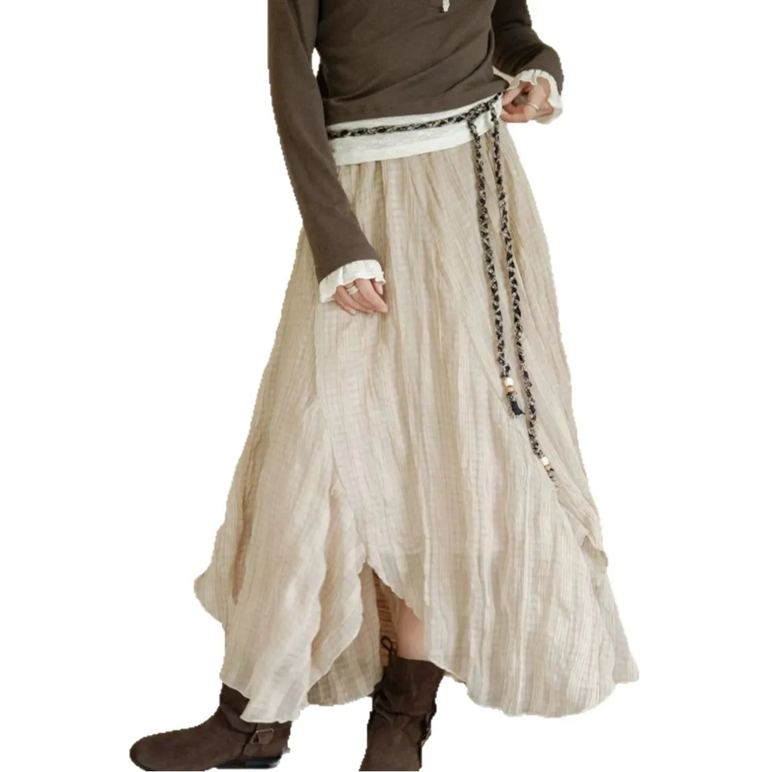 Beige Irregular Ruffled Midi Skirt