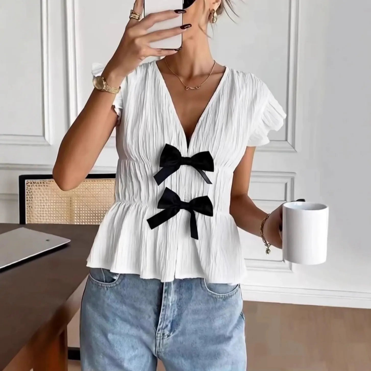 V-Neck Ruffle Cap Sleeve Double Bow Peplum Textured Top
